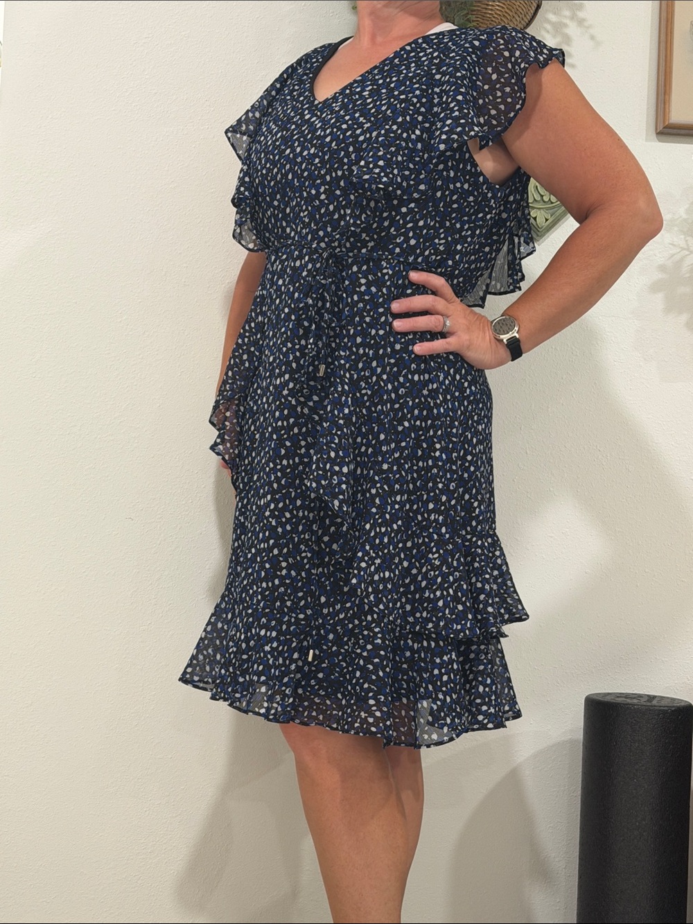 Navy Ruffle V-Neck Women's Dress